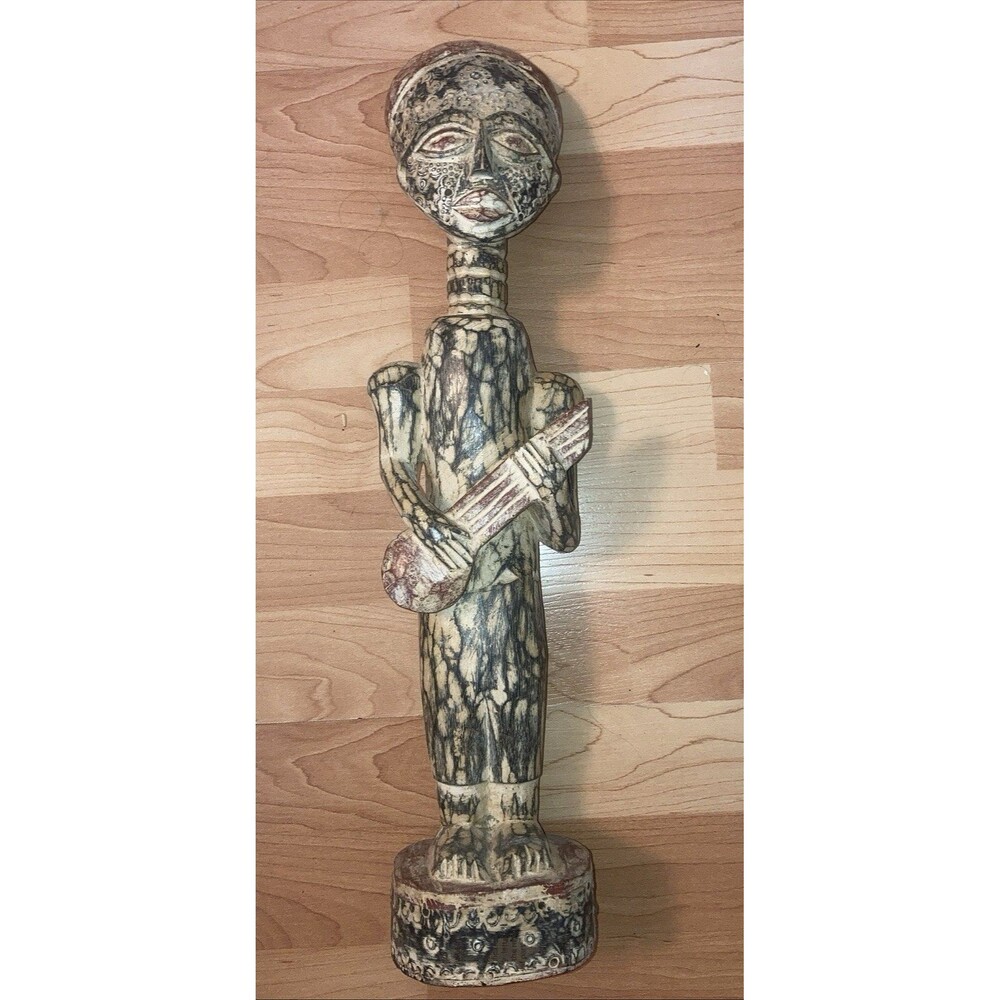 Hand Carved Wooden Tribal figure w/Stringed instrument Approx 20" Tall